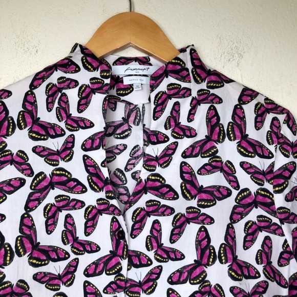 Foxcroft NYC Butterfly Print 3/4 Sleeve Button Down Fitted Top Size 14 - Picture 7 of 14
